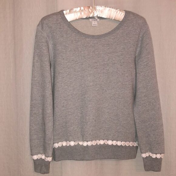 J. Crew XS Silver Gray White Eyelet Embroidered Cuffs and Hem Crewneck Pullover - Picture 1 of 12